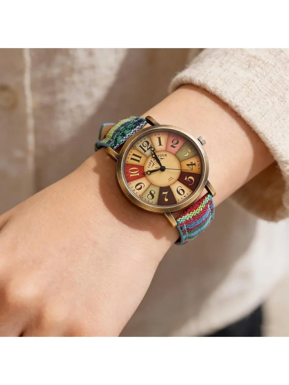 Women's Green Creative Multicolor Woven Strap Fashion Rainbow Pattern Watches